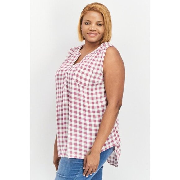 NWT MARKET & SPRUCE Women's Split Neck Sleeveless Gingham Print Top Sz Medium - Picture 2 of 7